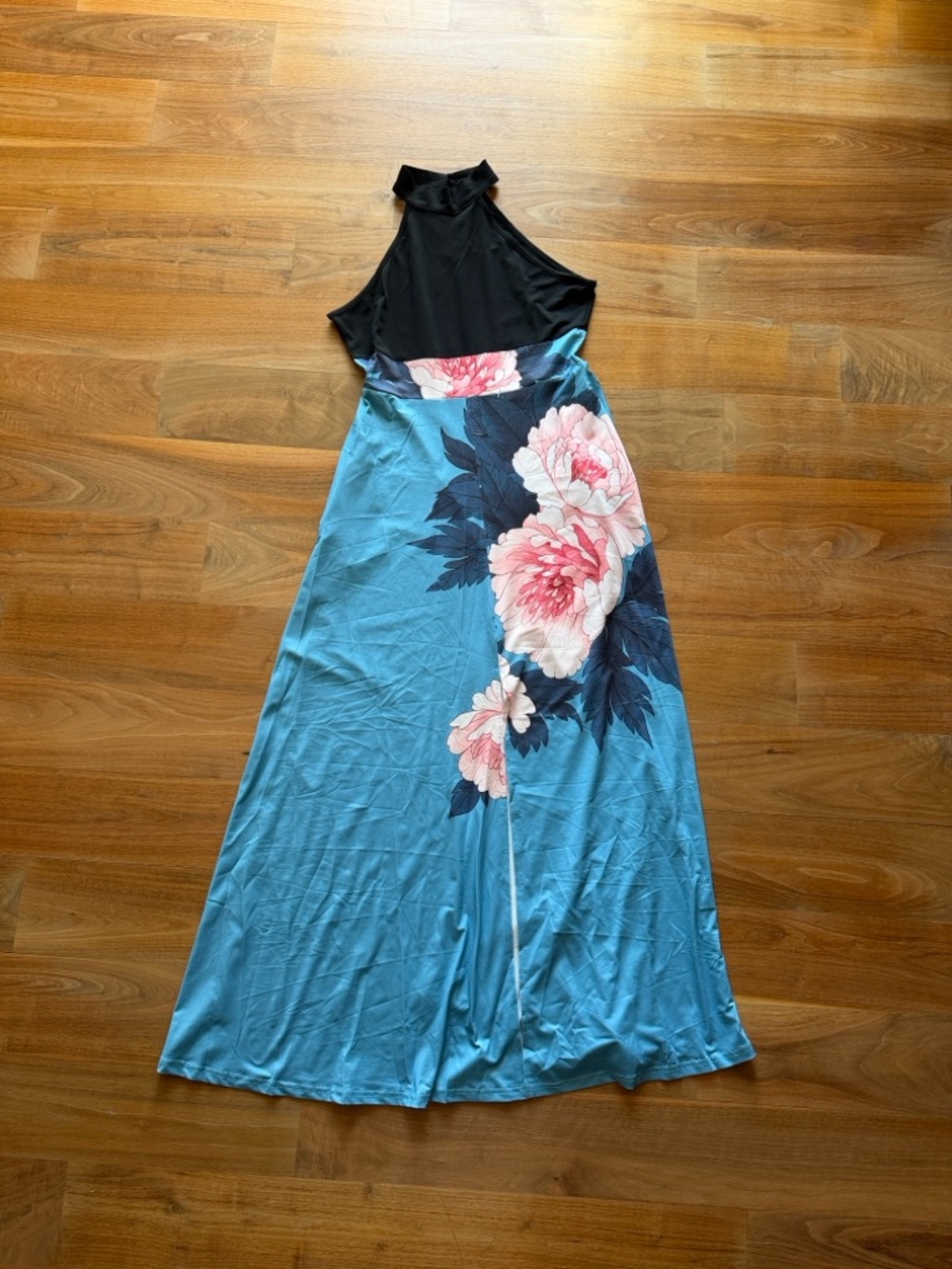 Blue and Black Summer Halter Dress with Pink Floral Design with Slit